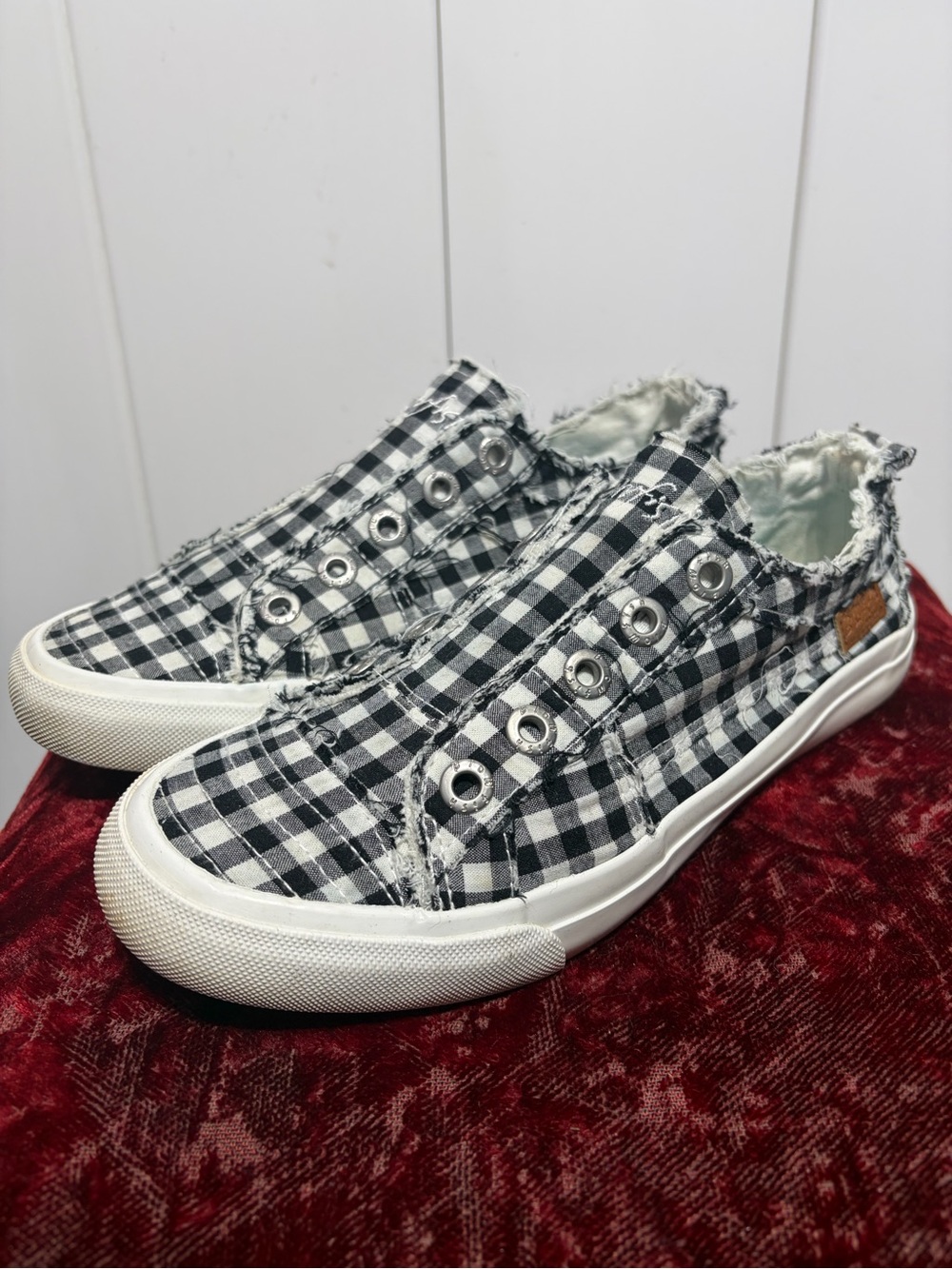 Blowfish black/white checkered distressed slip on sneakers